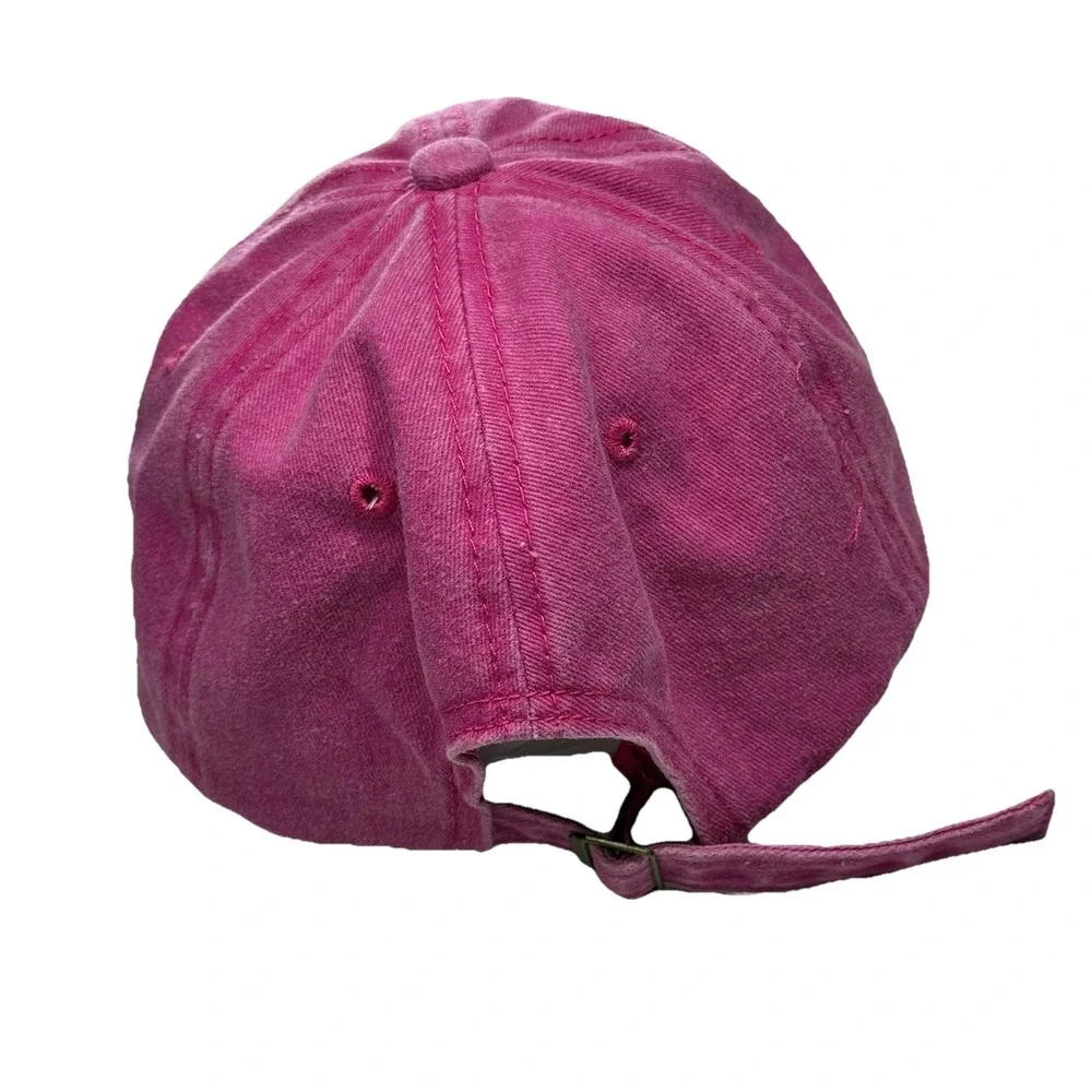 Pink Washed Cotton Baseball Cap Yellow Embroidered Smiley Face Patch Strap Back
